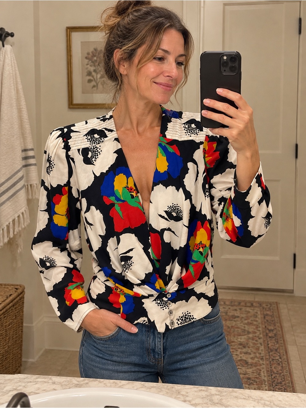 Vintage Condici for Harrods Silk Wrap-Front Long-Sleeve Top floral multi small